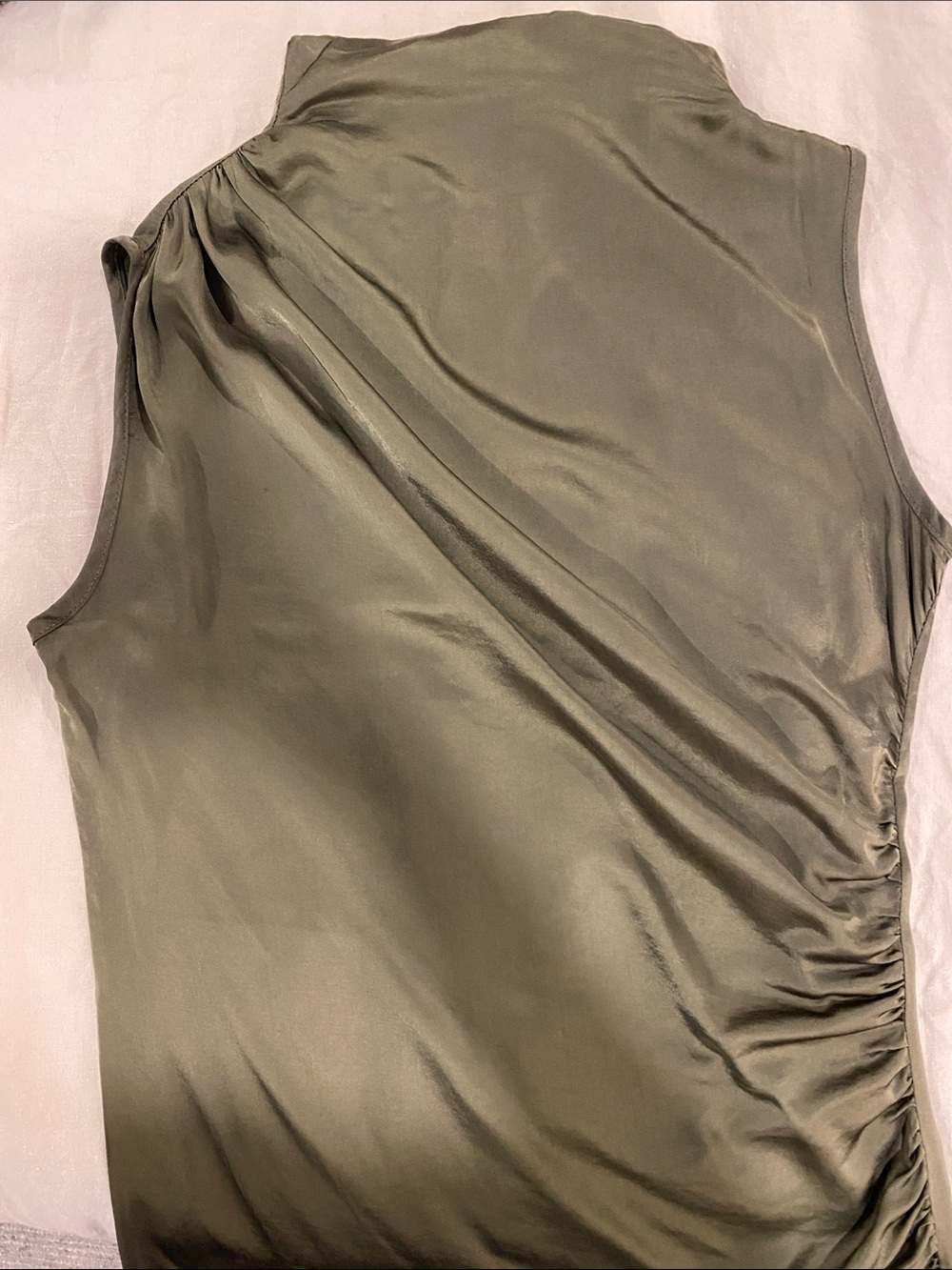 Sleek Olive Green Sleeveless Satin Blouse